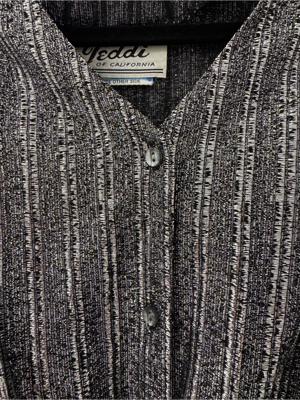 Vintage Women’s Black & Silver Striped V-Neck Tie-Waist Blouse - Picture 2 of 4